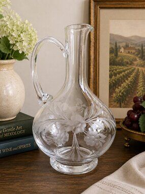 Vintage Etched Crystal Wine Decanter Carafe Grapes Floral 10.5" Hand Blown